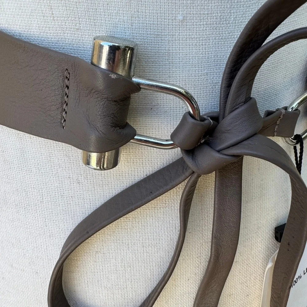 Zara Minimalist Boho Brown 100% Leather Tie Waist Obi Belt Silver Hardware NEW
